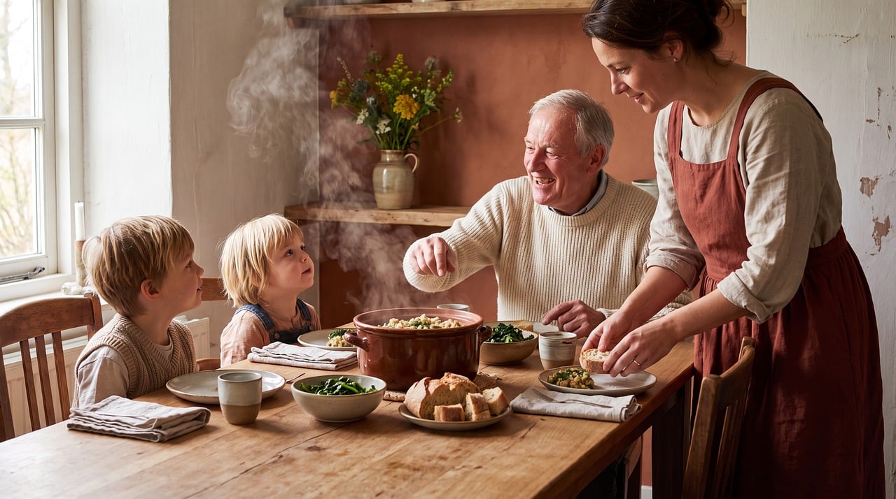 Multi-generational family sharing a meal at a kitchen table, warm domestic light